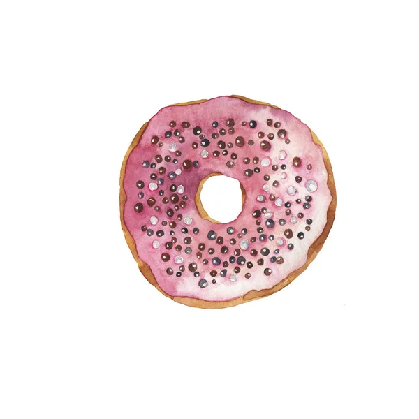 可爱的粉红甜甜圈与巧克力洒水分离的白色背景 手绘水彩画 — 图库照片