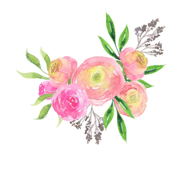 パステルピンクの可愛いバラと花と白い背景に花束を残します 手描き水彩画 — ストック写真