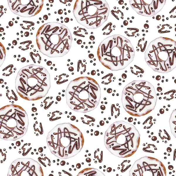 Безшовний Візерунок Білими Ванільними Цукровими Пончиками Шоколадними Краплями Білому Тлі — стокове фото