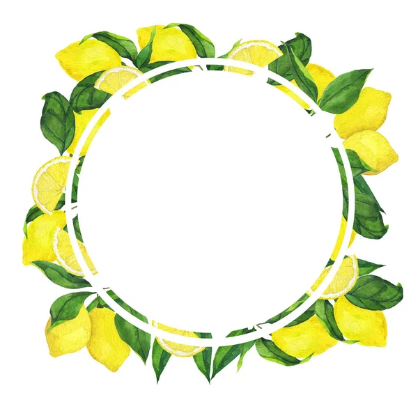 Κίτρινα Φρέσκα Φρούτα Λεμονιού Και Πράσινα Φύλλα Στρογγυλό Πλαίσιο Χειροποίητη — Φωτογραφία Αρχείου