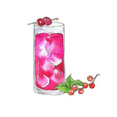 Bardakta taze nane yaprakları ve üzümlü parlak pembe kokteyl. El çizimi suluboya ve mürekkep çizimi.
