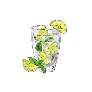 Bir bardak mojito kokteyli ya da limonlu limonata ve taze nane yaprağı. El çizimi suluboya ve mürekkep çizimi.