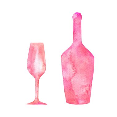 Beyaz arka planda izole edilmiş pastel pembe siluet şarap şişesi ve cam seti. El çizimi suluboya çizimi.