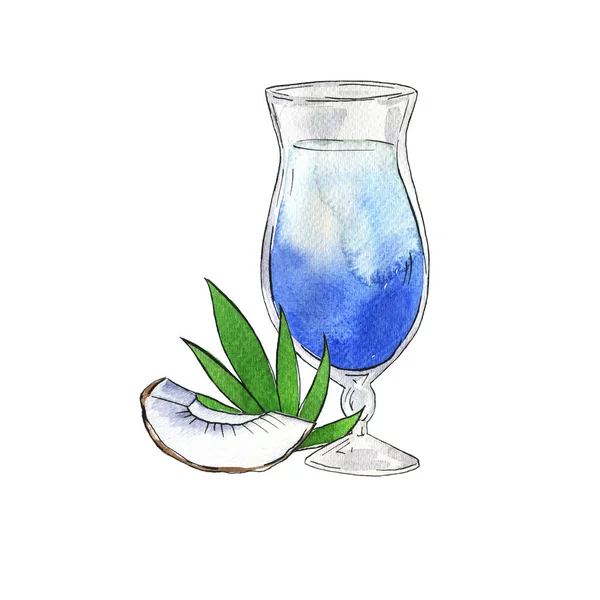 Ilustração Aquarela Vidro Azul Cocktail Laguna Isolado Branco — Fotografia de Stock