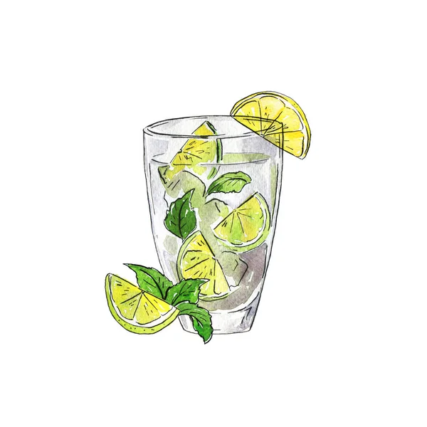 Bir Bardak Mojito Kokteyli Limonlu Limonata Taze Nane Yaprağı Çizimi — Stok fotoğraf