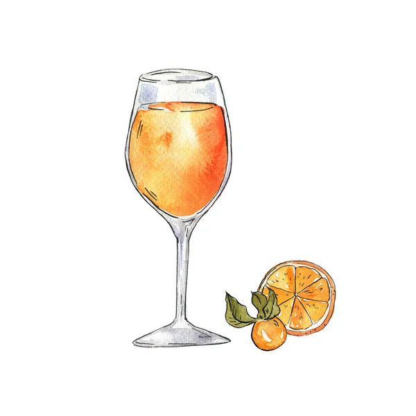 Orange Glas Wein Oder Cocktail Handgezeichnete Aquarell Und Tuscheillustration — Stockfoto