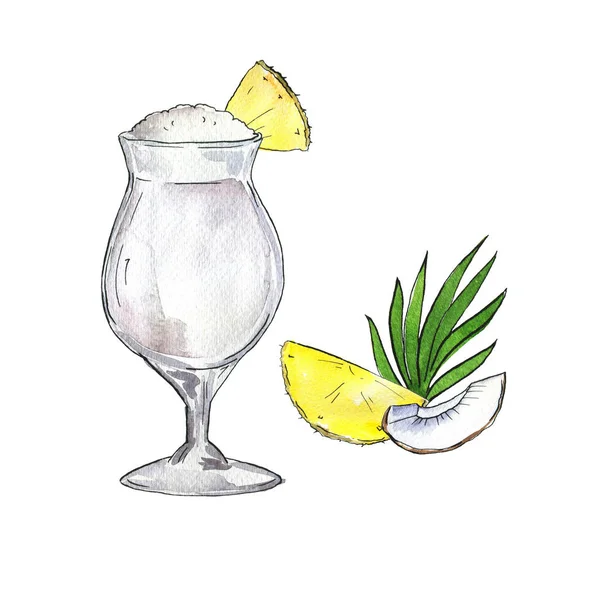 Weißer Tropischer Cocktail Mit Ananas Und Kokos Handgezeichnete Aquarell Und — Stockfoto
