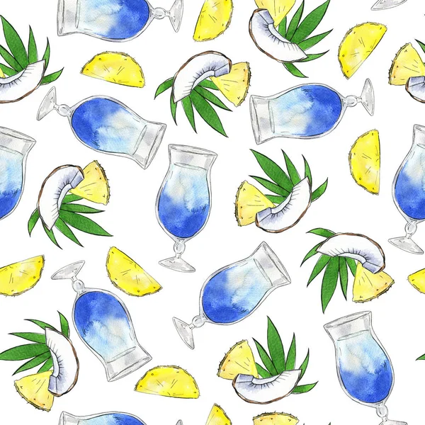 Sömlös Mönster Med Blå Cocktail Glasögon Palmblad Kokos Och Ananas — Stockfoto