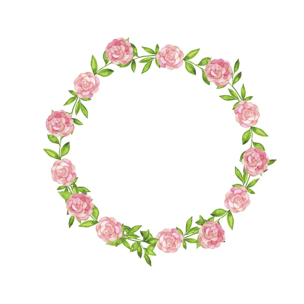 Rosa Fiori Rosa Foglie Verdi Bordo Rotondo Sfondo Bianco Illustrazione — Foto Stock