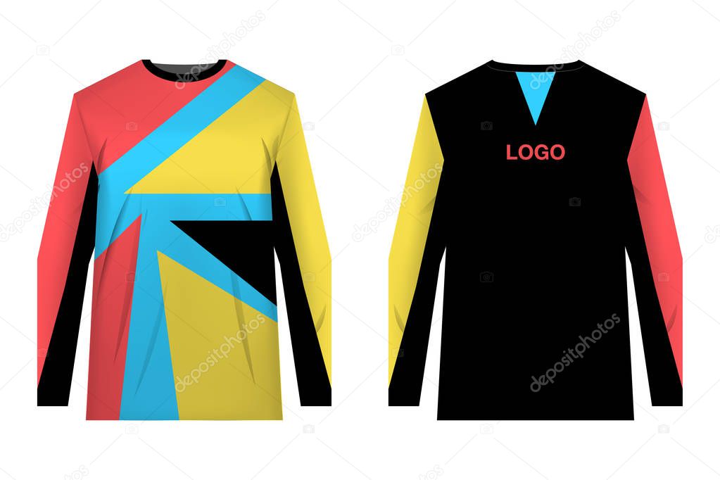 Templates of sportswear designs for sublimation printing. Uniforms for competitions, team games, corporate style, advertising campaigns. Jersey for motocross, mountain biking.