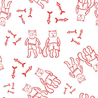 Sevimli kediler ile Seamless modeli. Evde beslenen hayvan hayvan vektör çizim. Çocuklar için ürünler için şablon. Kırmızı hat illüstrasyon. Doodle stili.