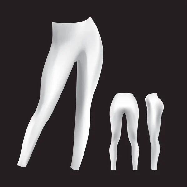 Kadın tozluk mockup ön, arka ve boyutu görüntüleyin. Vektör izole görüntü üzerinde siyah bir arka plan. Gerçekçi spor şablon. Beyaz fitness tozluk.