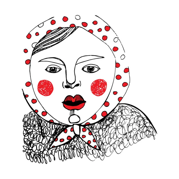 Esboço Desenhado Mão Menina Gorda Com Lábios Bochechas Vermelhas Lenço —  Vetores de Stock
