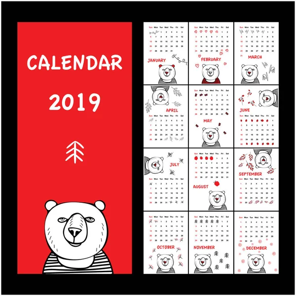 Calendário Bonito 2019 Definido Com Urso Doodle Estilo Cores Vermelhas — Vetor de Stock