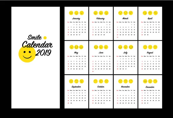 Lindo Calendario 2019 Con Sonrisas Estilo Doodle Sonrisas Divertidas Positivas — Archivo Imágenes Vectoriales