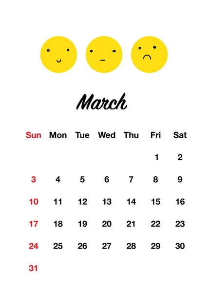 Calendário Bonito 2019 Definido Com Sorrisos Estilo Doodle Sorrisos Engraçados — Vetor de Stock