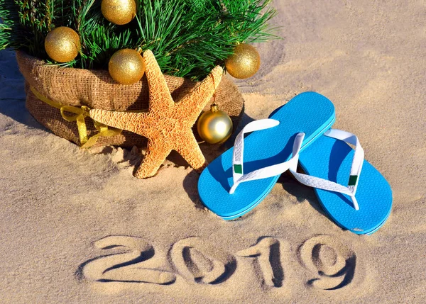 Capodanno 2019 Spiaggia Albero Natale Stelle Marine Ciabatte Sabbia Foto Stock Royalty Free