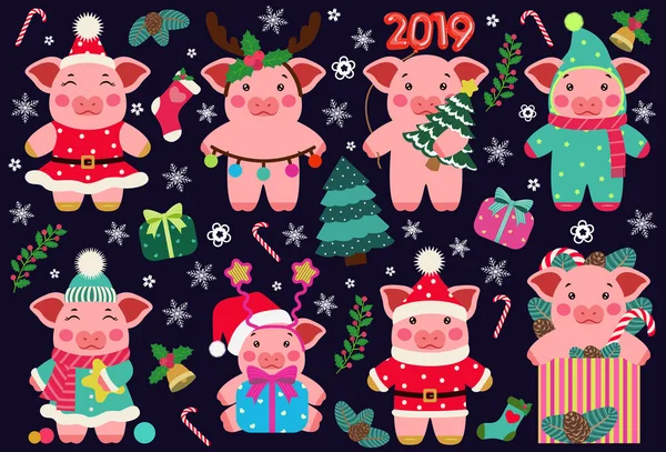 セット新年あけましてかわいい豚はがき中国語 2019年ベクター Illustrtion のシンボルです メリークリスマス — ストックベクタ