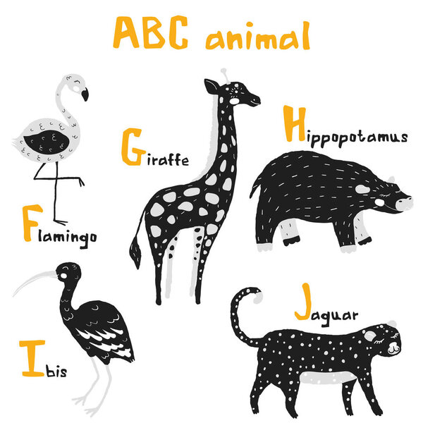 Vector hand drawn cute abc alphabet animal scandinavian design, flamingo, giraffe, hippopotamusl, ibis, jaguar