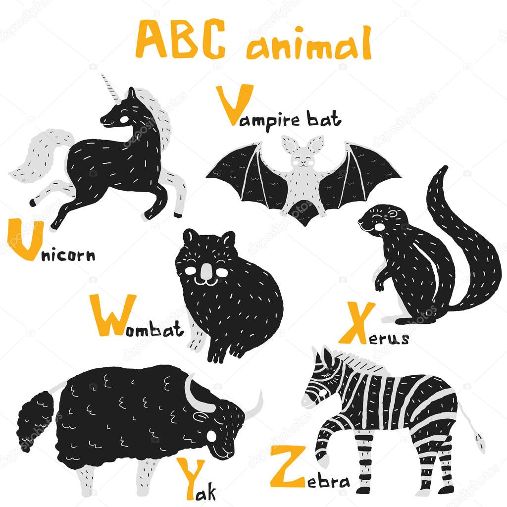 Vector hand drawn cute abc alphabet animal scandinavian design, zebra, vampire bat, unicorn,wombat, xerus, yak