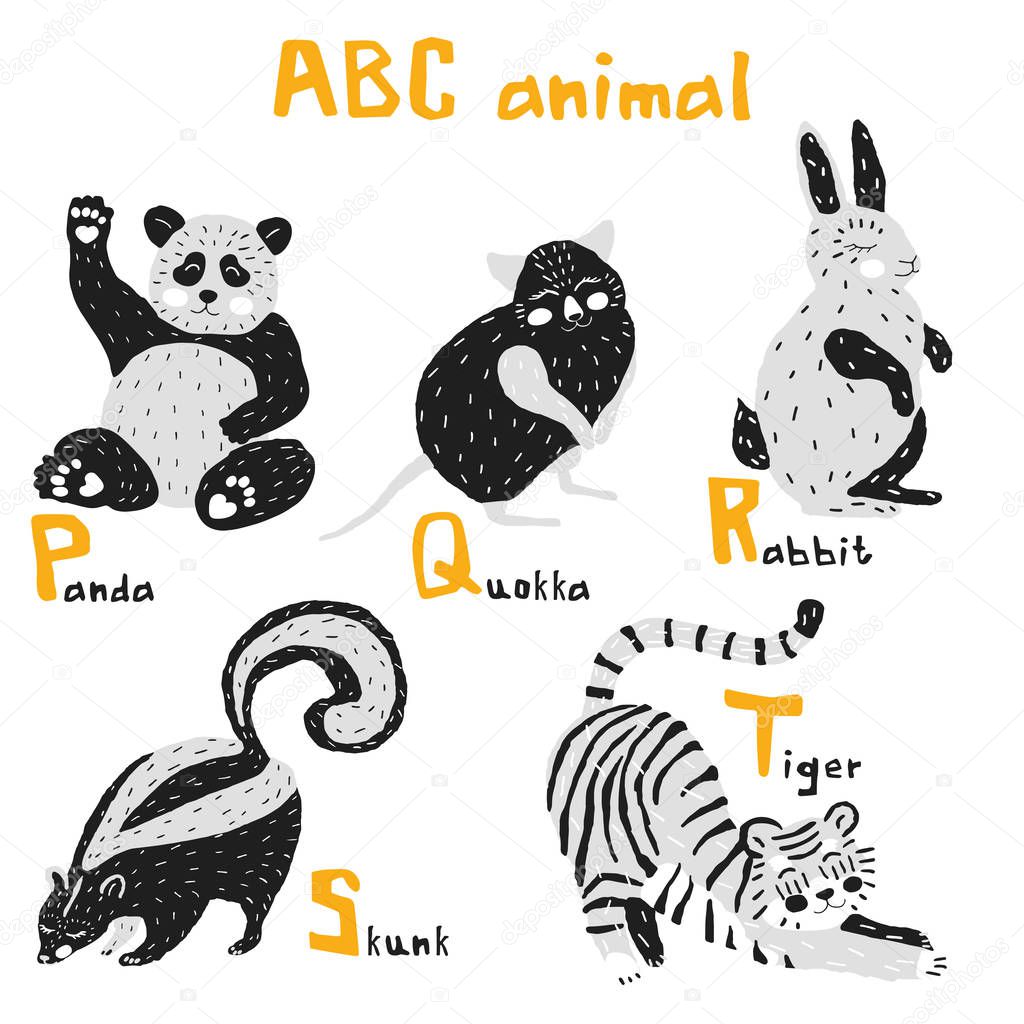 Vector hand drawn cute abc alphabet animal scandinavian design, panda, quokka, rabbit,skunk, tiger