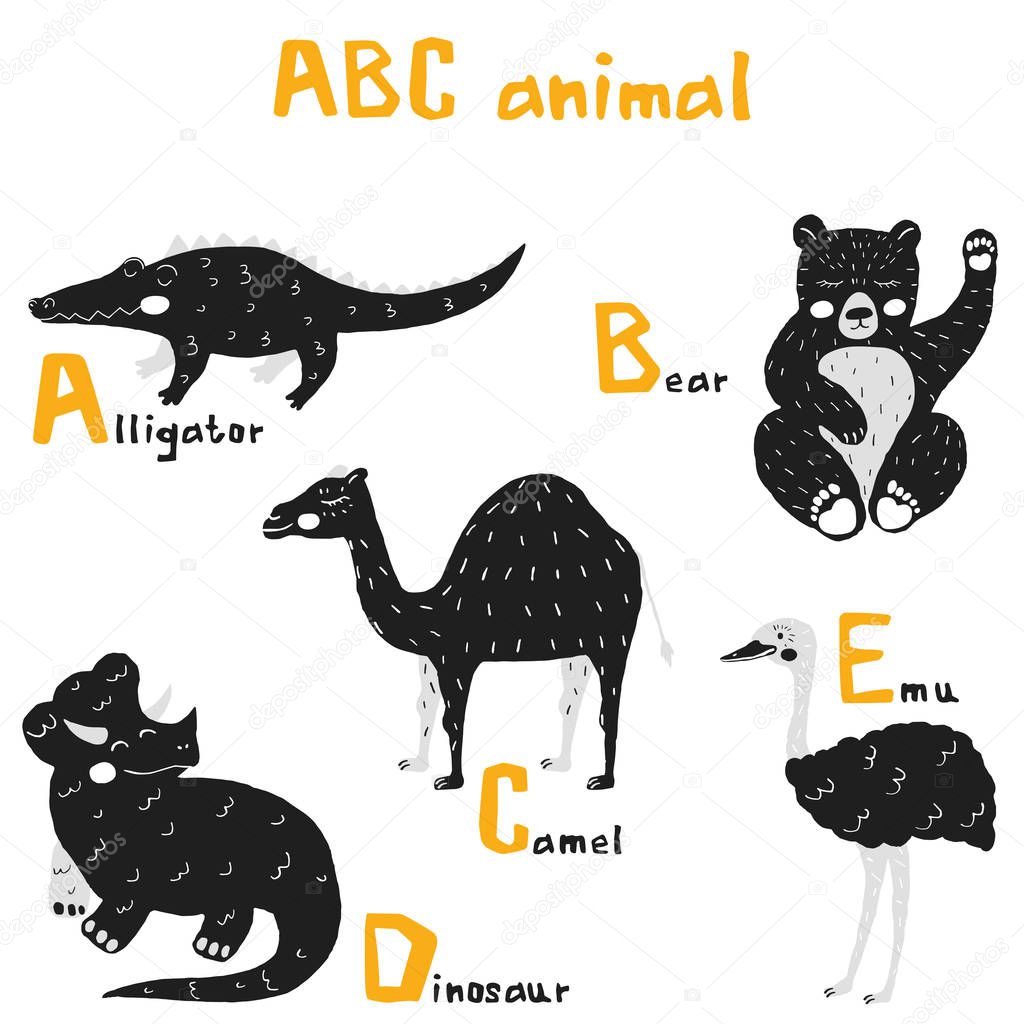 Vector hand drawn cute abc alphabet animal scandinavian design, alligator, bear, camel, dinosaur, emu