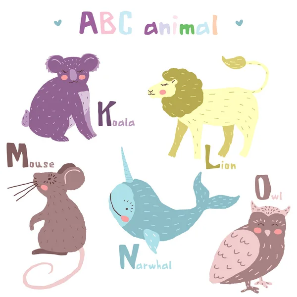 Vector Mão Desenhada Bonito Abc Alfabeto Animal Escandinavo Colorido Design — Vetor de Stock