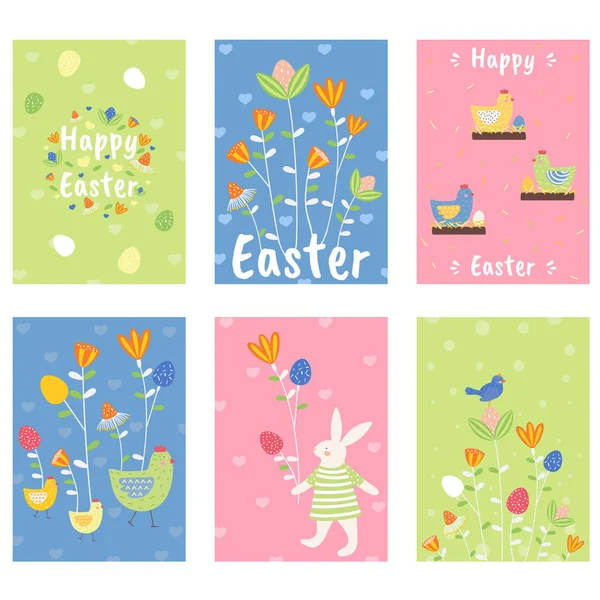 Ustawić Kartki Wielkanoc Święto Wiosny Pisanki Wielkanoc Królik Kartki Kwiatami — Wektor stockowy