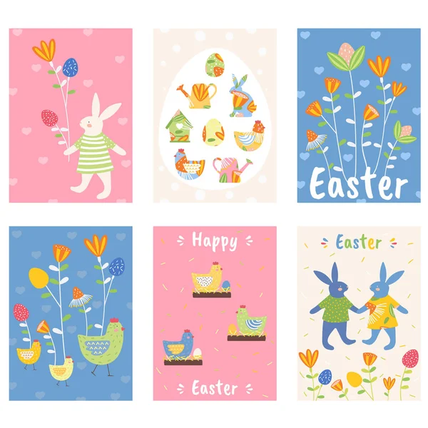 Set greeting cards Easter, spring holiday, Easter egg and Easter rabbit, greeting cards with flowers and elements composition. EPS Vector 10