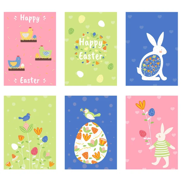 设置贺卡复活节 春天的假期 复活节彩蛋和复活节兔子 贺卡与鲜花和元素组成 Eps 向量10 — 图库矢量图片