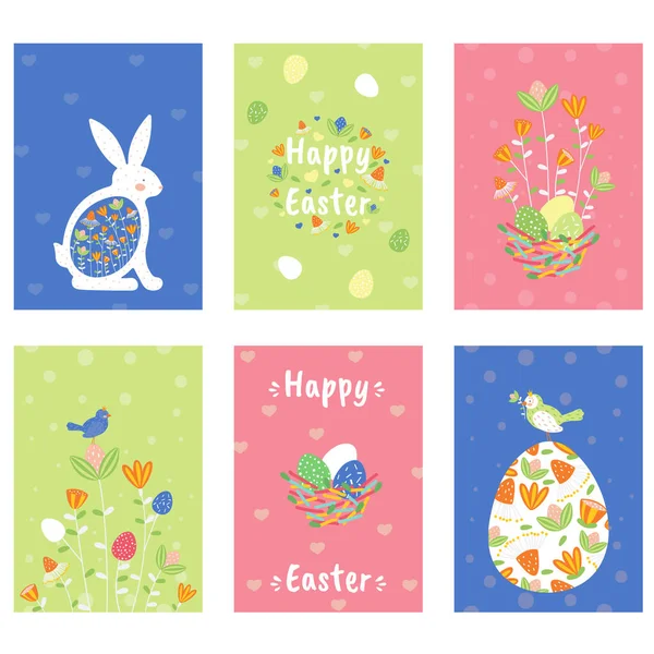 Conjunto Tarjetas Felicitación Pascua Vacaciones Primavera Huevo Pascua Conejo Pascua — Vector de stock