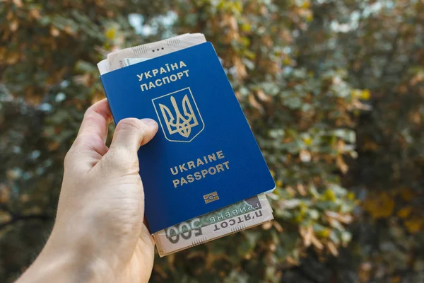 Paspor internasional Ukraina dengan hryvnias di punggung putih — Stok Foto