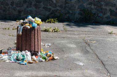 kahverengi taş çöp tenekesinin yanında bir sürü farklı çöp var. çevre kirliliği kavramı