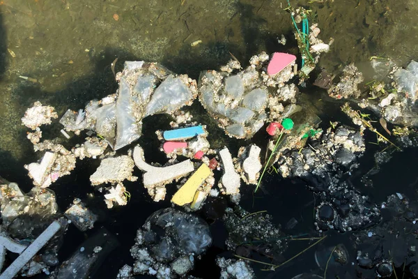 Plastik Çöp Nehir Kıyısına Kadar Yıkanır Insanlık Sanayi Kavramını Kirleten — Stok fotoğraf