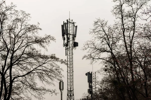 Mobile telecommunication 5G tower or cell tower with antenna in the park. Antenna tower of communication between trees