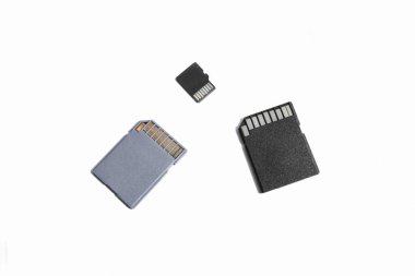 Beyaz arkaplanda izole edilmiş bir SD ve mikro SD hafıza kartı grubu, seçici odaklanma