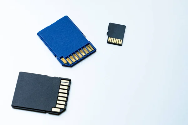 Three Micro Memory Cards White Background Memory Cards Digital Files — Stock Photo, Image