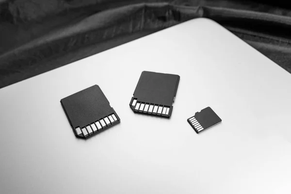 Three Black Memory Cards Connectors New Gray Laptop Concept Memory — Stock Photo, Image