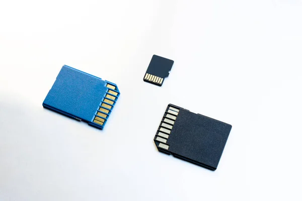 Three Micro Memory Cards Gray Background Blue Black Memory Cards — Stock Photo, Image