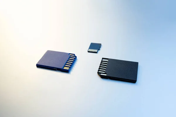 Three Micro Memory Cards Gray Background Memory Cards Digital Files — Stock Photo, Image
