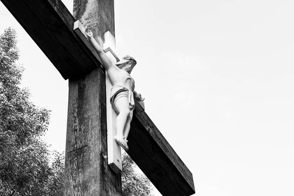 Ježíš Visí Velkém Dřevěném Kříži Parku Koncept Křesťanství Velká Oběť — Stock fotografie