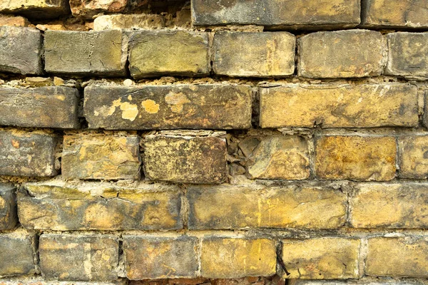 Gros Plan Très Vieux Mur Qui Effondre Briques Jaunes — Photo