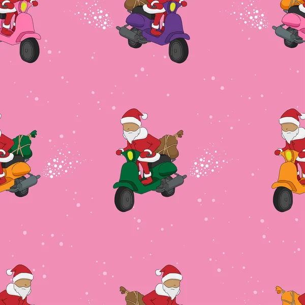 Noel Baba bir Scooter vektör Seamless modeli (pembe tatil arka plan)