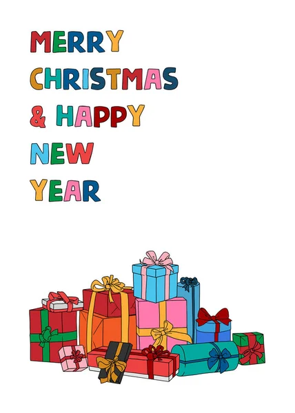 Davetiye ile lots-in hediyeler ve yazıt neşeli Noel ve mutlu yeni yıl (basit vektör hat sanatı)