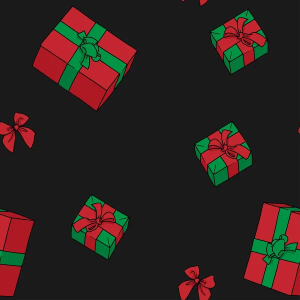 Siyah arka plan üzerine düşen Noel hediyesi bir sürü vektör seamless modeli kutuları