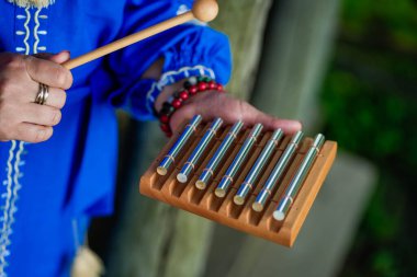 Nakışlı gömlekli mavi elbiseli bir kadın elinde metal bir ksilofon tutuyor. Bir rüzgar enstrümanı, beden ve ruh için tıbbi terapi. Yüksek kalite fotoğraf