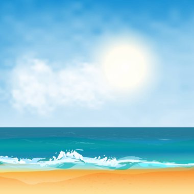 Yaz plaj dalgalar, kum, Güneş ve bulutlar. Kare deniz afiş. Grafik tasarım şablonu. Vektör çizim.