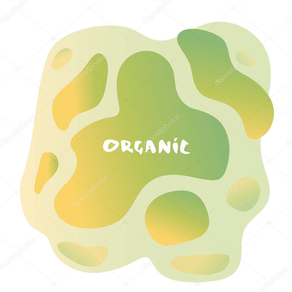 Organic banner with text and fluid abstract shapes. Handwritten lettering with liquid background. Element for graphic design - emblem, poster, flyer, tag, menu. Vector illustration.