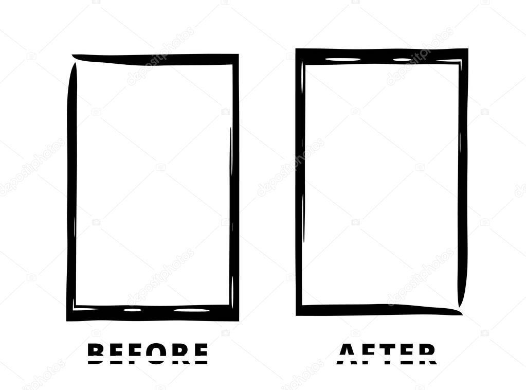 Before and After sliced text with black frames isolated on white background. Comparison banner with empty space. Template for graphic design. Vector illustration.