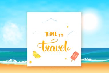 Afiş seyahat vakti geldi. Sunny beach dekorasyon kare rozet ve el yazısı yazı ile. Kağıt ile yatay kart stili şekiller kestim. Tatil tasarım şablonu. Vektör çizim.